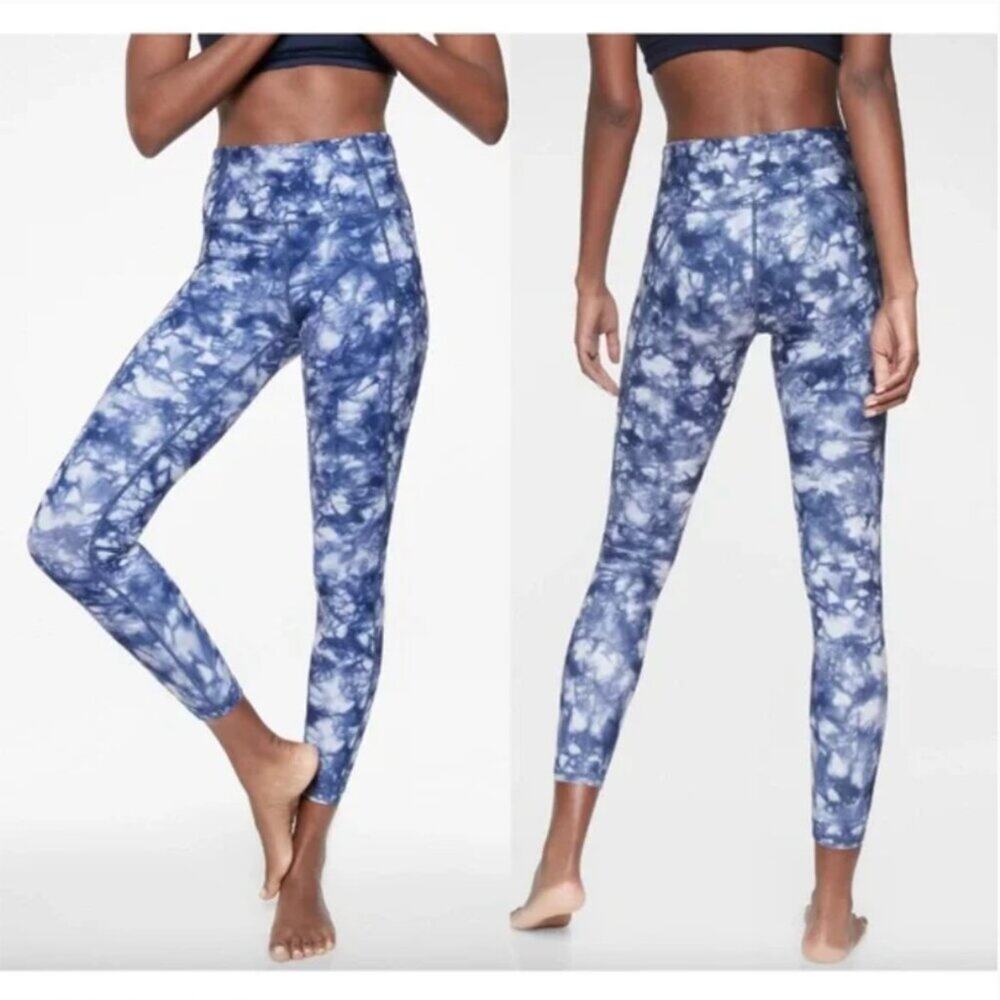 Athleta Blue Tie Dye Salutation 7/8 Tights in Powervita